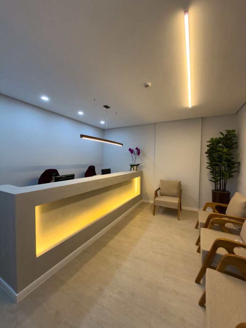 Recepção da Campedelli Dermatologia em Santos SP — ambiente acolhedor e moderno no Gonzaga